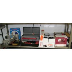 Decanters, tools, and 2 large boxes of CDs and cassettes (165)
