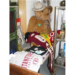 Collection of t-shirts and Stanford University memorabilia, huge approx. 44" teddy bear with cowboy 