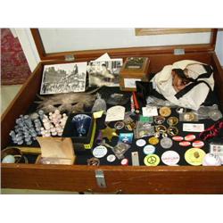 Large collection of: pennies, Fur Rondy pins, post office mail box bank, marble chess pieces, post c
