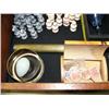 Image 4 : Large collection of: pennies, Fur Rondy pins, post office mail box bank, marble chess pieces, post c