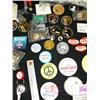 Image 7 : Large collection of: pennies, Fur Rondy pins, post office mail box bank, marble chess pieces, post c