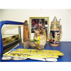 2 antique beer steins, artifact adze, 3 old AK license plates, 2 Navajo Indian items, basket ball ph