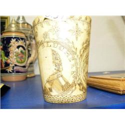 Extremely rare scrimshawed ivory cup, retail value $3000.00, with cannon, British flags, duke of Wel