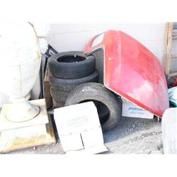 Lot of: 6 tires, 3 rims, soft and hard top, windows for small car (165)