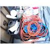 Image 5 : Lot of: Folding tables, lamps, extension cords, rugs, shovels/yard tools, wood ladder and hand truck