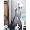 Image 7 : Lot of: Folding tables, lamps, extension cords, rugs, shovels/yard tools, wood ladder and hand truck