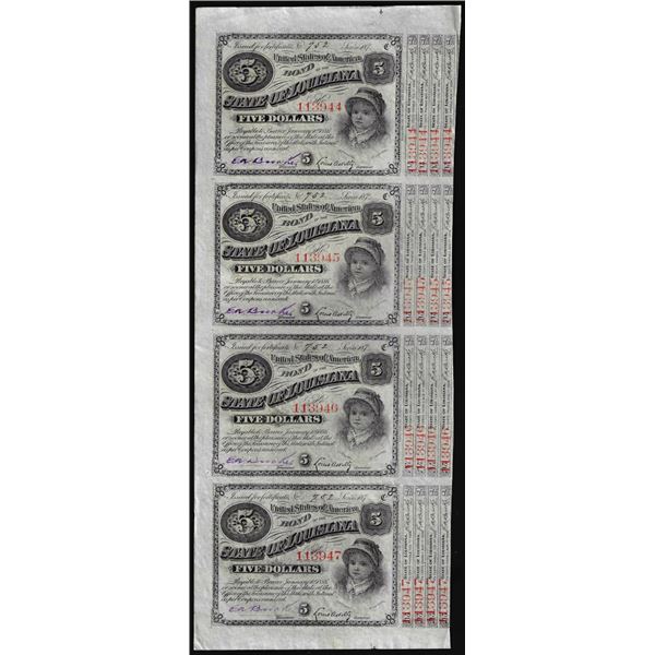 Uncut Sheet of (4) State of Louisiana Baby Bond Obsolete Notes