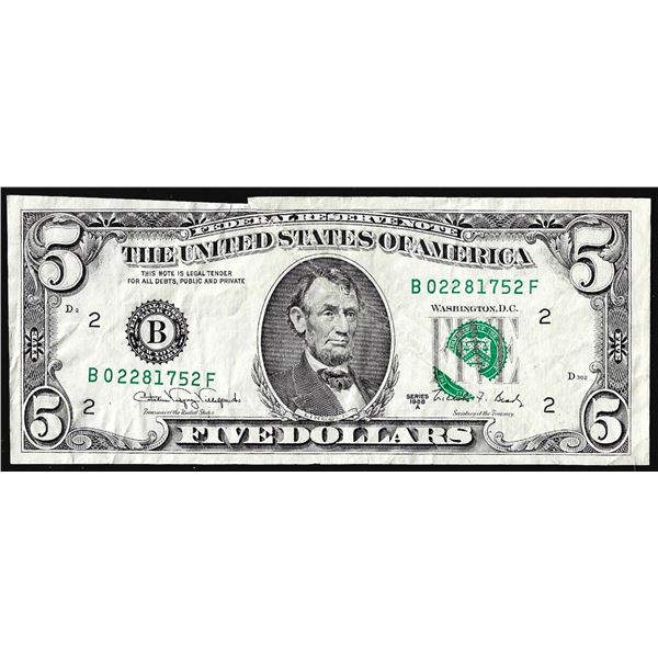 1988A $5 Federal Reserve Note New York Gutter Fold Error