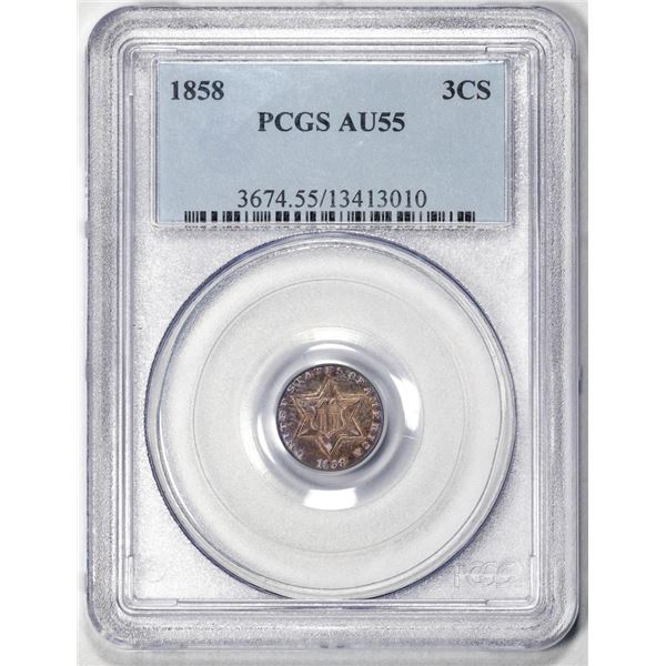 1858 Three Cent Silver Coin PCGS AU55 Nice Toning