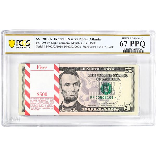Pack 2017A $5 Federal Reserve STAR Notes Atlanta Fr.1998-F* PCGS Superb Gem UNC 67PPQ