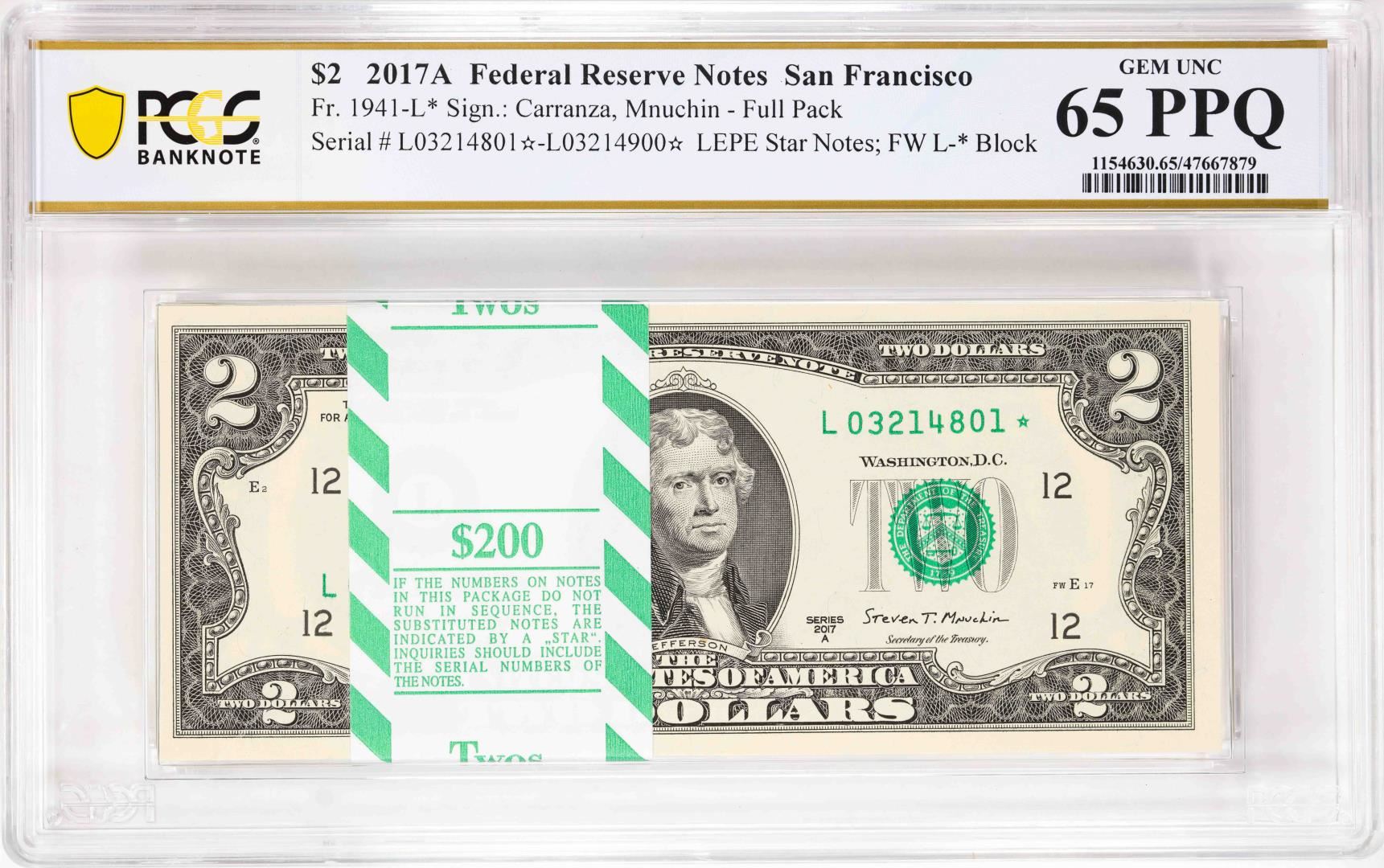 Pack 2017A $2 Federal Reserve STAR Notes SF Fr.1941-L* PCGS Gem ...