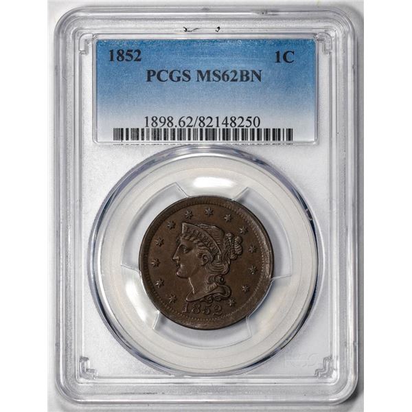 1852 Braided Hair Cent Coin PCGS MS62BN