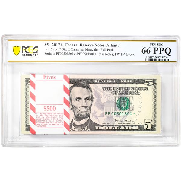 Pack of 2017A $5 Federal Reserve STAR Notes Atlanta Fr.1998-F* PCGS Gem UNC 66PPQ