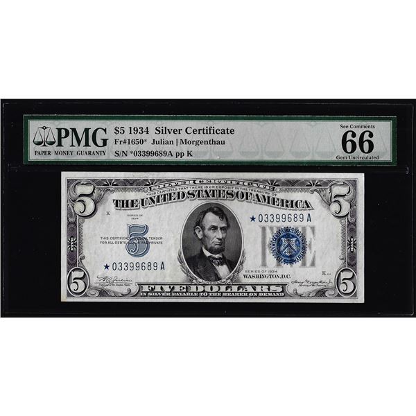 1934 $5 Silver Certificate Star Note Fr.1650* PMG Gem Uncirculated 66EPQ