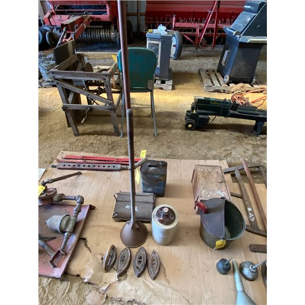 Crock, 4- sad irons, sweeper, Allstate tin