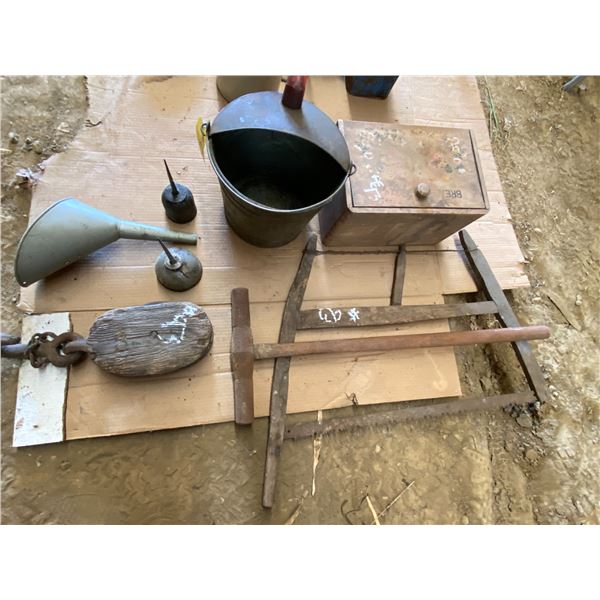 Pulley, funnel, oil cans, rail road, hammer, saw, bread box, gas pail