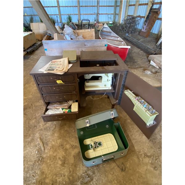 Bernina 730 sewing machine c/w cabinet case, thread & supplies