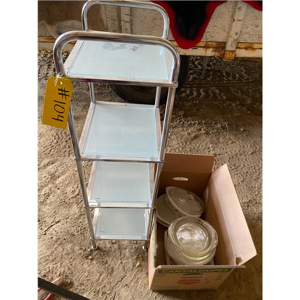 4 Tier glass shelf, box of Pyrex casserole dishes