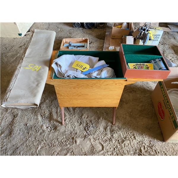 Wood table c/w sewing trays & fabric
