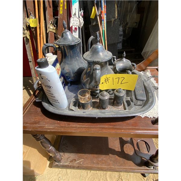 Silver tea set c/w tray, polish & rolling tea cart