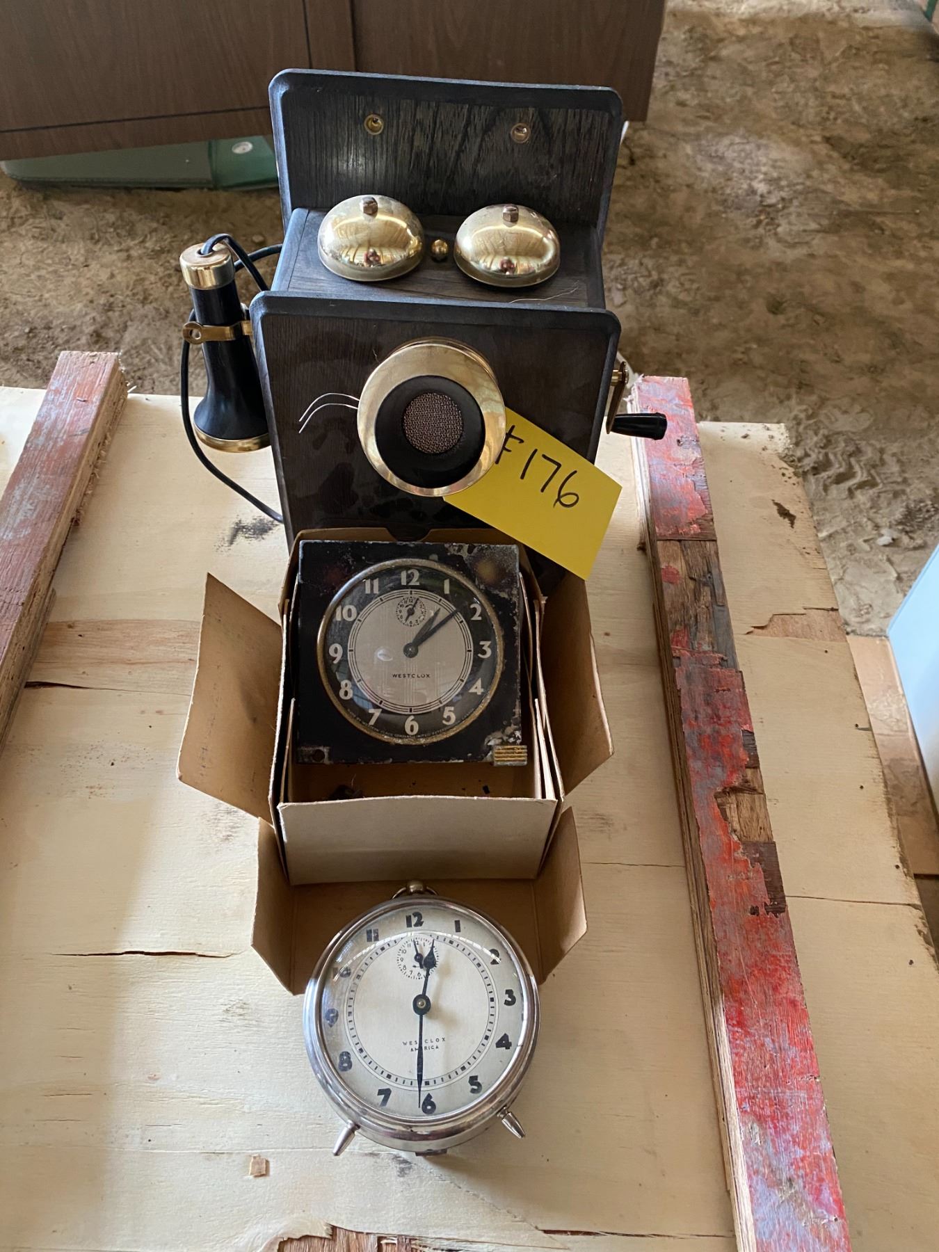 2- vintage alarm clocks & old bar décor