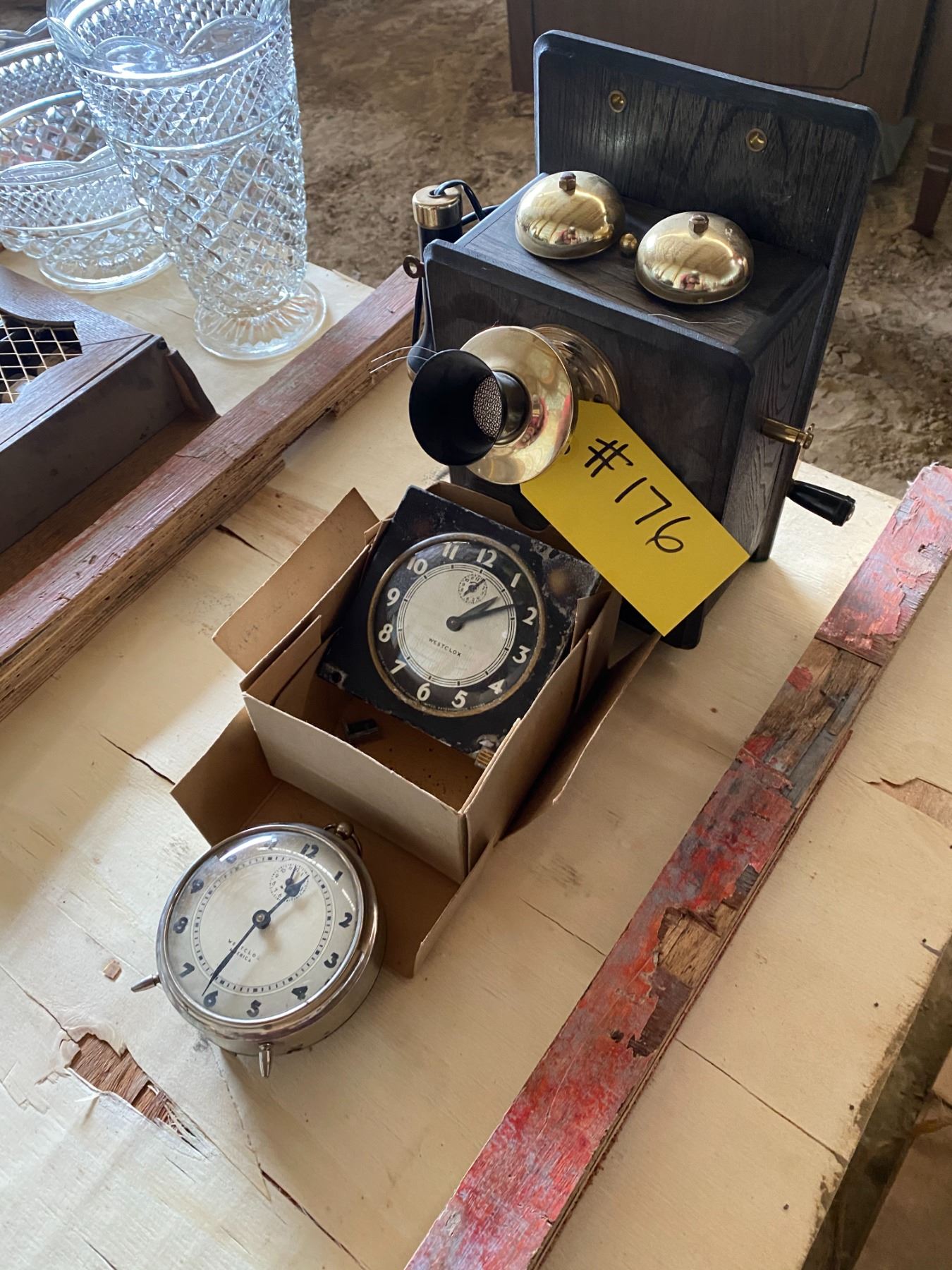 2- vintage alarm clocks & old bar décor