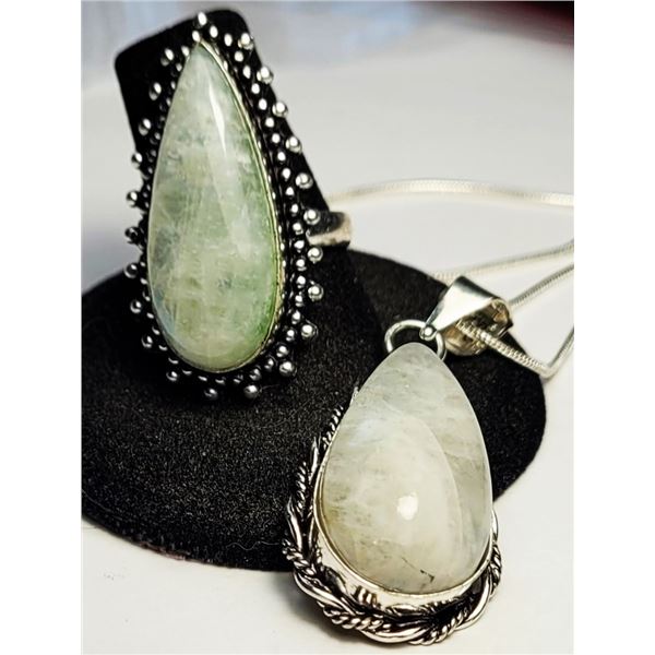 15)  PEAR SHAPED NATURAL MOONSTONE RING & PENDANT