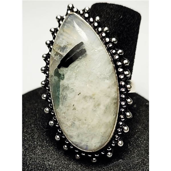 11)  ELONGATED OVAL MOON STONE SIZE 8.25 RING WITH