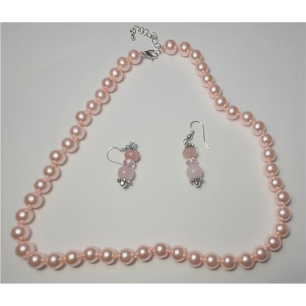3)  PALE PINK 20" SHELL PEARL NECKLACE WITH ROSE
