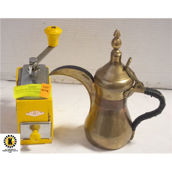 VINTAGE BRASS COFFEE POT & VINTAGE COFFEE GRINDER