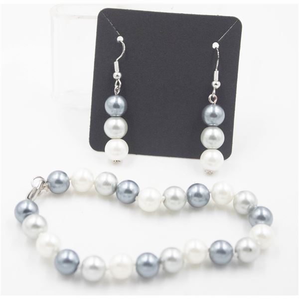#44-SEA SHELL PEARL BRACELET 7.5" & EARRINGS  /8M
