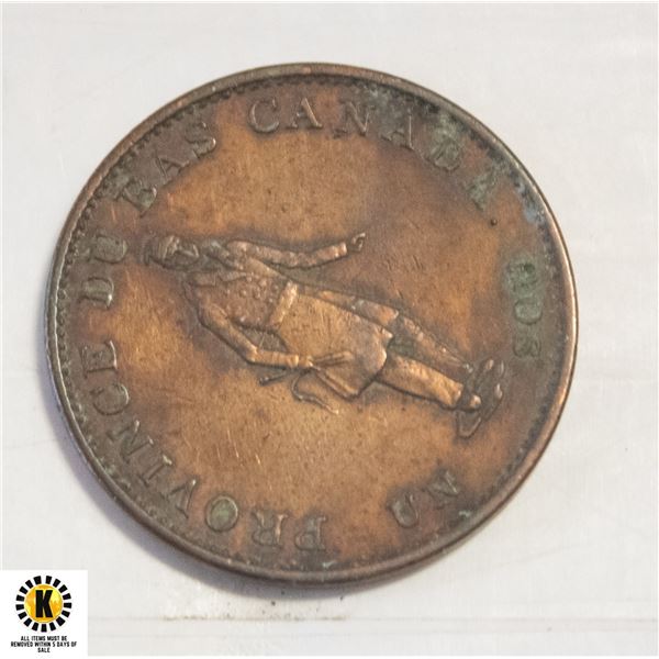 1837 PROVINCE OF CANADA UN SOU 1/2 PENNY BANK