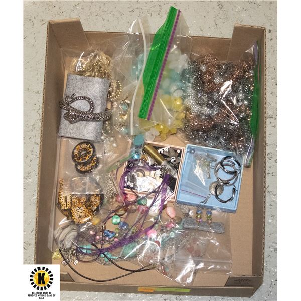 FLAT OF MOSTLY COSTUME JEWELRY, CHARMS, EARRINGS,