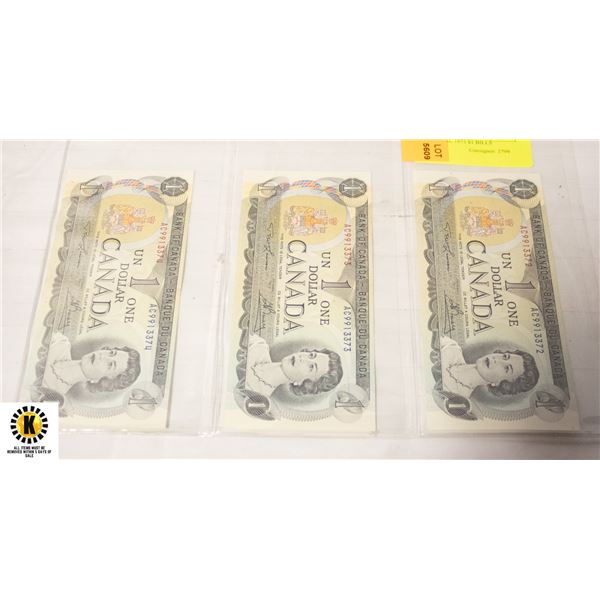 3 SEQUENTIAL 1973 $1 BILLS CANADA