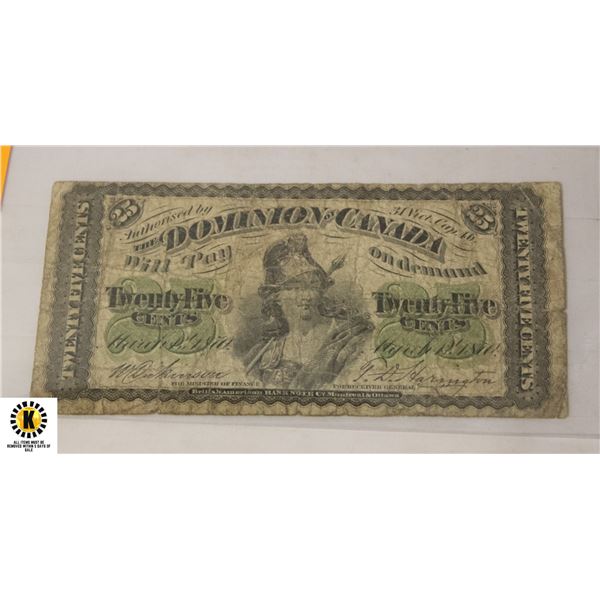 1870 25 CENT BILL CANADA "DOMINION OF CANADA"