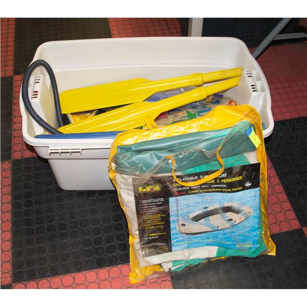 BIN OF FOOT PUMPS, INFLATABLE BOAT, OARS,