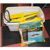 Image 1 : BIN OF FOOT PUMPS, INFLATABLE BOAT, OARS,