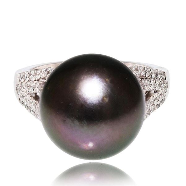 13.50mm Black-Gray South Sea Pearl and 0.65 ctw Diamond Platinum Ring