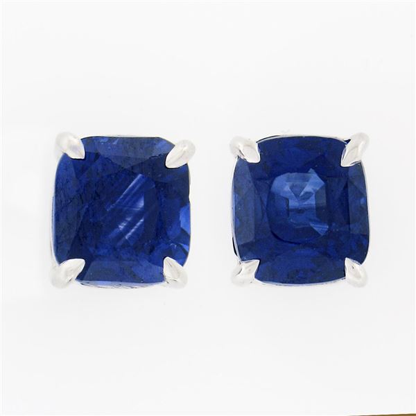 NEW 18K White Gold GIA Cushion Brilliant Prong Royal Blue Sapphire Stud Earrings
