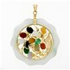 Image 1 : Vintage 14k Gold Multi Color Carved Jade Bamboo Floral Butterfly Large Pendant