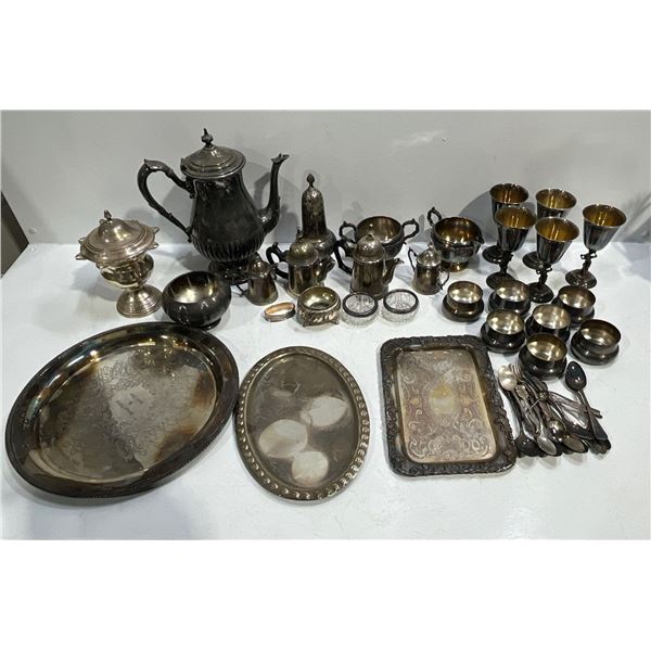 Silver Plated Tea/Coffee Service; Trays, Goblets, Spoons, and More