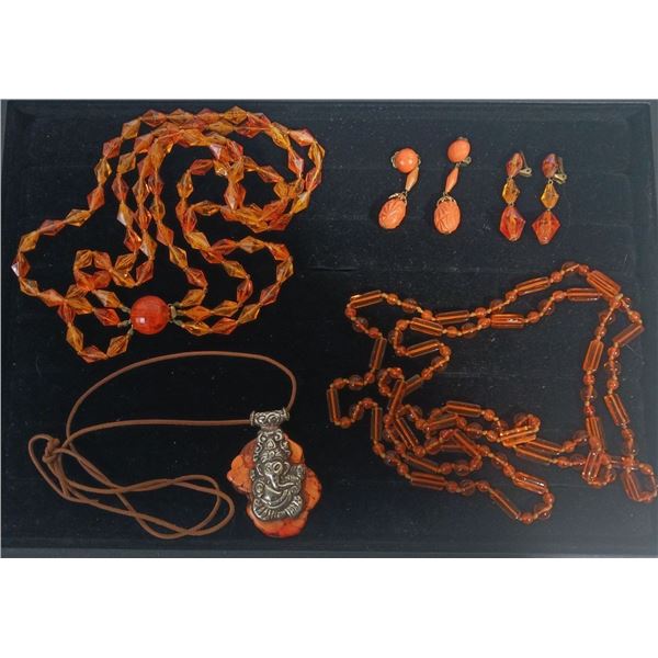 Collection of Orange Beaded Costume Jewellery Necklaces and Earrings