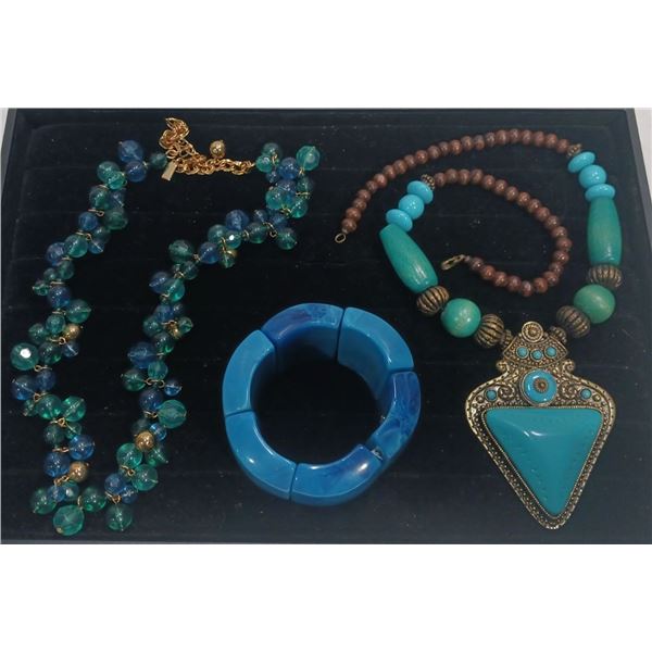 Collection of Blue Beaded Costume Jewellery Necklaces and Bracelet