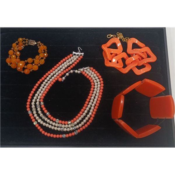 Collection of Orange Beaded Costume Jewellery Necklace and Bracelets