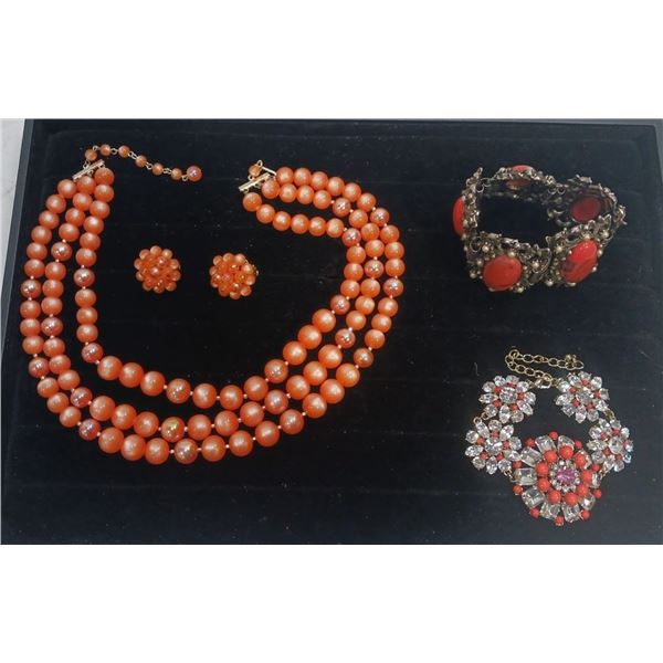 Collection of Orange Beaded Costume Jewellery Necklace, Bracelets and Earrings
