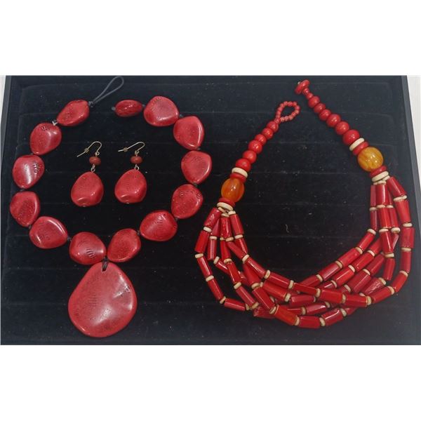 Collection of Red Beaded Costume Jewellery Necklaces and Earrings