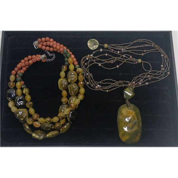 Collection of Yellow Green Beaded Costume Jewellery Necklaces                    lery