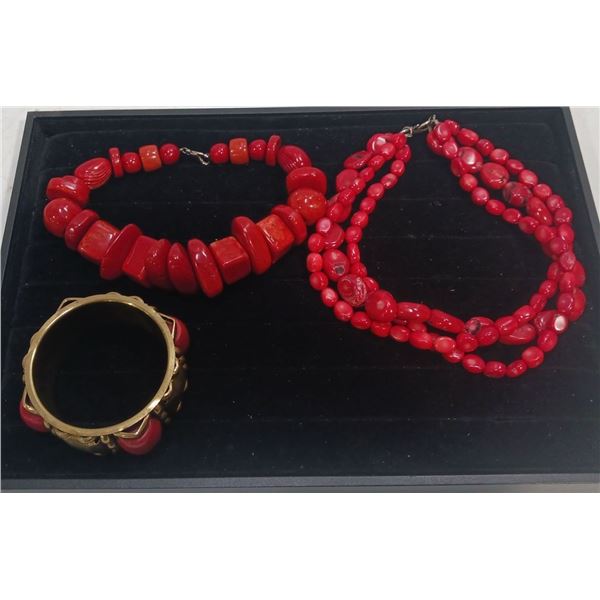 Collection of Red Beaded Costume Jewellery Necklaces and Bracelet