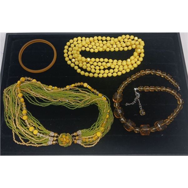 Collection of Yellow Beaded Costume Jewellery Necklaces and Bracelet