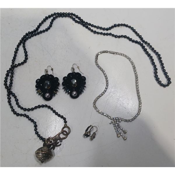 Collection of Black Beaded and "Diamond" Costume Jewellery Necklaces and Earrings